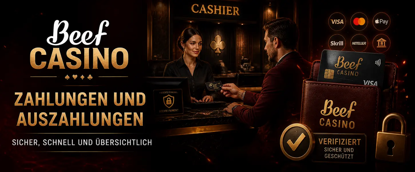 Beef Casino Zahlungen und Auszahlungen Banner mit Verifizierung